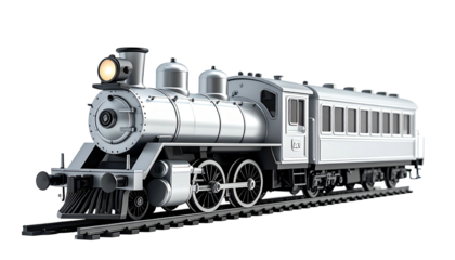 Silver vintage locomotive with passenger car, on tracks