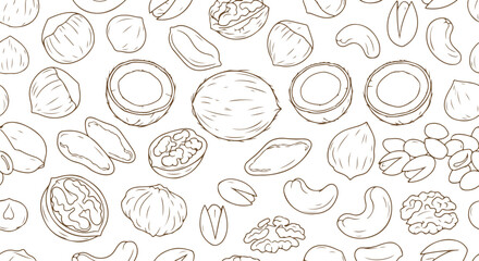 Seamless pattern featuring nuts. A vector background promoting natural and healthy nutrition, this textile print or wallpaper design showcases hazelnuts, coconuts, cashews, Brazil nuts, and walnuts.