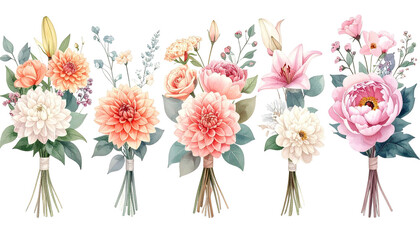 Five bouquets of watercolor flowers, tied with string, dark backdrop
