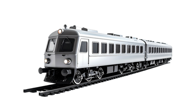 Silver passenger train on tracks, isolated against black backdrop