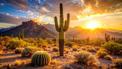 Majestic Saguaro Cactus silhouetted against a vibrant desert sunset with sunbeams breaking through clouds over distant mountains and arid landscape in Arizona