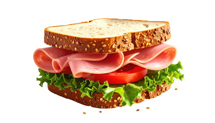 Stacked ham sandwich with lettuce, tomato on seeded wholewheat
