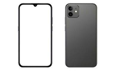 Smartphone mockup, front and back view of mobile phone on white background