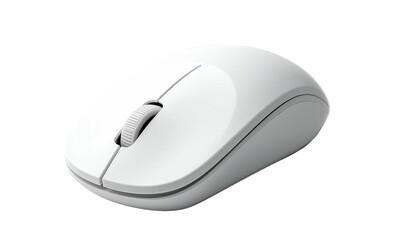Wireless white computer mouse with scroll wheel on dark backdrop