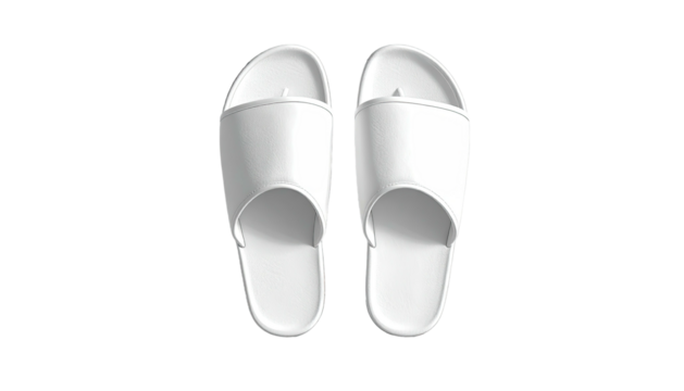 Two white flip-flops, arranged facing upwards, centered view