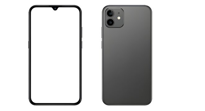 Smartphone mockup, front and back view of mobile phone on white background