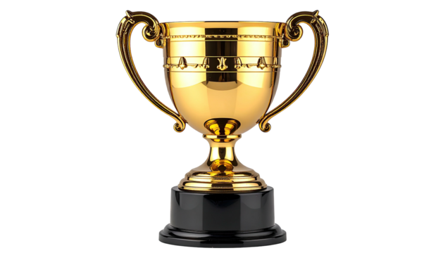 Gleaming golden trophy with black base, ornate handles