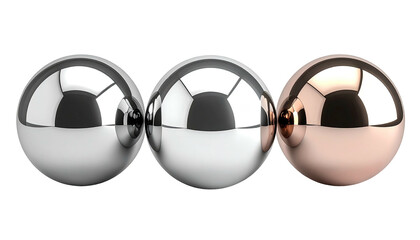 Three reflective spheres, two silver, one copper, on black