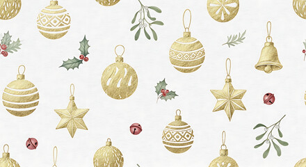 A festive and elegant seamless pattern featuring golden Christmas ornaments, holly leaves, mistletoe, and small red berries on a textured white background.