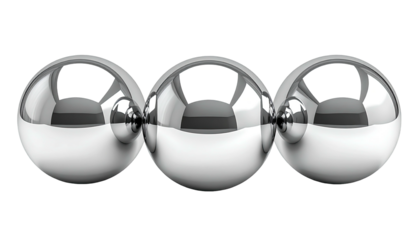 Three silver balls lined up, reflecting light against black.
