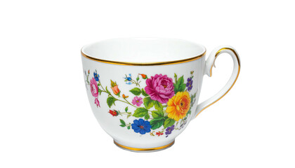 Floral-patterned teacup, white background, gold rim, elegant