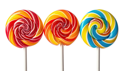 Three spiral lollipops in red, yellow, & blue on sticks