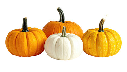 Assortment of four autumn pumpkins, orange, yellow, and white