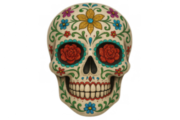 Sugar skull featuring intricate floral decorations and roses on the eye sockets, representing dia de los muertos festivities