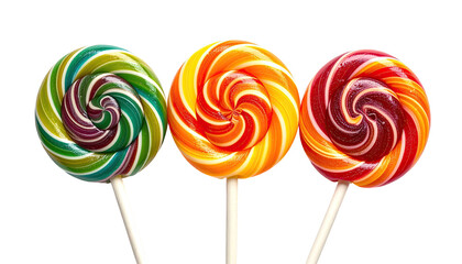 Trio of colorful swirled lollipops against a stark black backdrop