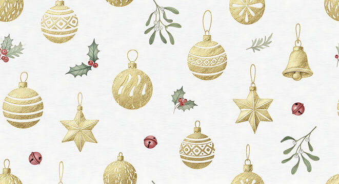 A festive and elegant seamless pattern featuring golden Christmas ornaments, holly leaves, mistletoe, and small red berries on a textured white background. - Powered by Adobe