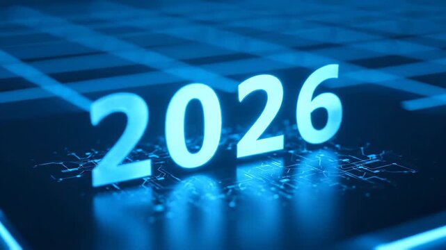 Year two thousand twenty six digital display with circuit board pattern on dark surface futuristic technology concept