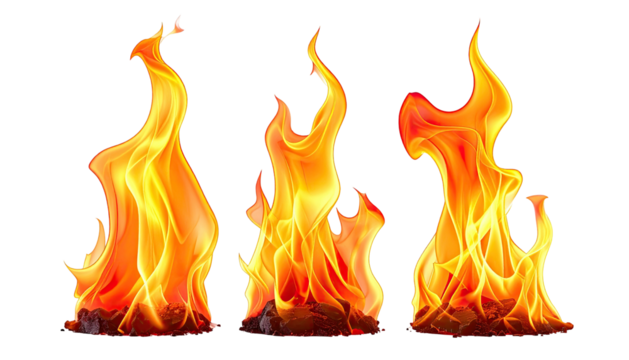 Three bright, stylized cartoon flames isolated on black