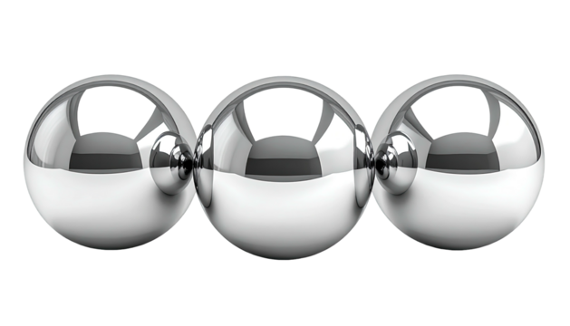 Three silver balls lined up, reflecting light against black.