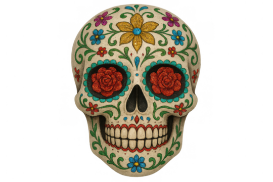 Sugar skull featuring intricate floral decorations and roses on the eye sockets, representing dia de los muertos festivities
