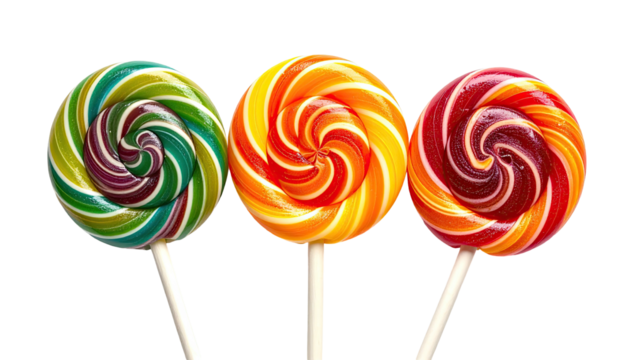 Trio of colorful swirled lollipops against a stark black backdrop