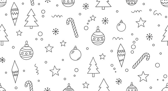 A seamless pattern of black and white line art Christmas ornaments, candy canes, snowflakes, and trees on a white background.