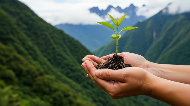 Hands holding a small plant with a mountain background, nature concept.