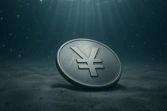 Yen in Abyss: A solitary Yen coin rests on the ocean floor, illuminated by ethereal light, highlighting financial depth and the mysteries of economics.