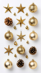 Fototapeta premium Golden Christmas ornaments and stars isolated on white background, minimalist holiday decoration elements perfect for festive design, mockup, and elegant seasonal template.
