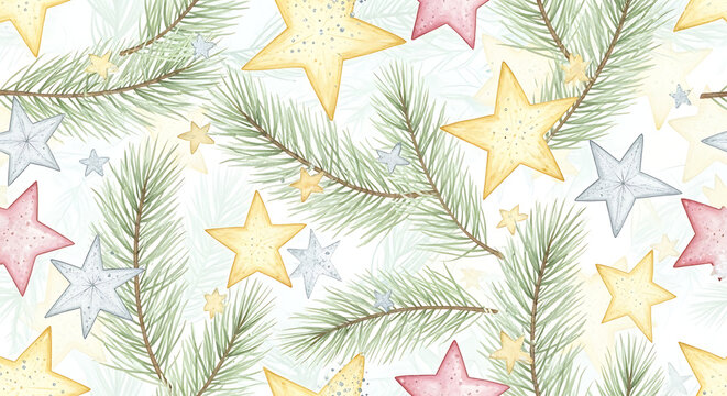 Christmas themed seamless pattern featuring Santa Claus, reindeer, snowflakes, Christmas trees, bells, gifts, and holly on a beige background. - Powered by Adobe
