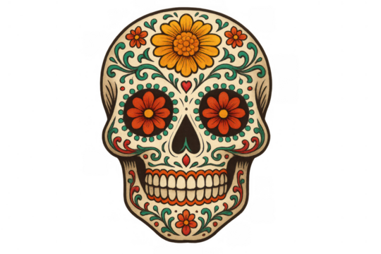 Sugar skull calavera with colorful floral patterns and swirls for día de los muertos, a mexican tradition. Transparent background