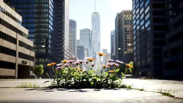 Flowers bloom amidst urban skyscrapers under bright sunlight
