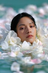 Serene Asian Woman Surrounded by White Flowers in Water, Spa and Wellness Concept, Beauty Portrait