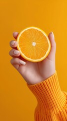 Bright Orange Slice Held by Hand with Neutral Nails Against a Vibrant Orange Background, Healthy