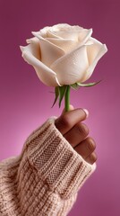 Elegant White Rose Held by Hand in Cozy Knit Sweater Against a Pink Background, Symbolizing Love and Affection