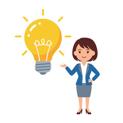Cartoon woman in business attire presents a bright, glowing light bulb, symbolizing a new idea.