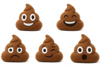 Poop emoji plush toys exhibiting various expressive faces, representing humor and emotional diversity