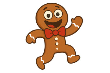 Fototapeta premium Gingerbread man cartoon character running and waving, wearing a red bow tie, happy cookie with transparent background