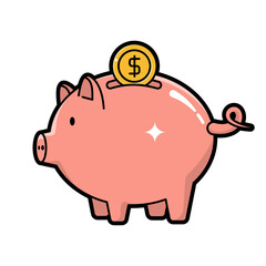 Pink Piggy Bank Illustration with Gold Dollar Coin for Saving Finance