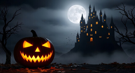 halloween background with pumpkin and bats illustration