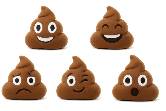 Poop emoji plush toys exhibiting various expressive faces, representing humor and emotional diversity