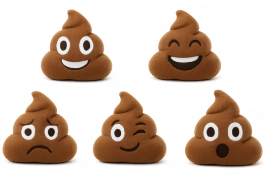 Poop emoji plush toys exhibiting various expressive faces, representing humor and emotional diversity