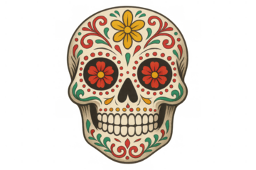 Sugar skull calavera celebrating dia de los muertos with folk art floral ornaments, transparent background
