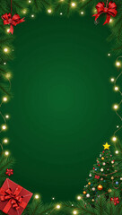 Naklejka premium high quality christmas tree gift box copyspace light ornaments green background