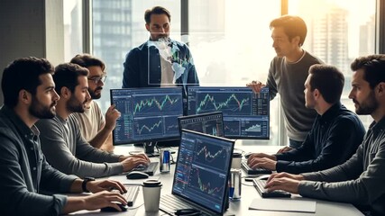 Group of people analyzing graphs on computer monitors. Sunlight streams from the large windows. They are discussing data and charts - Powered by Adobe