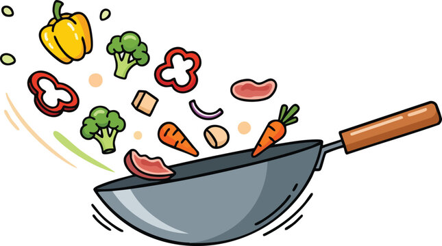 stir-fry cooking vegetables in wok clip art preview