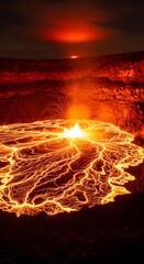 A vivid molten lava lake erupts with intense heat and glowing magma rivers under a smoky night sky