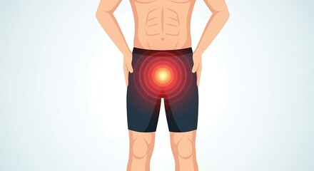 Man experiencing groin pain with radiating red circles indicating discomfort and inflammation on a light background