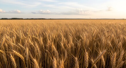 A golden field of ripening wheat stalks stretches to the horizon under a soft blue sky with scattered clouds