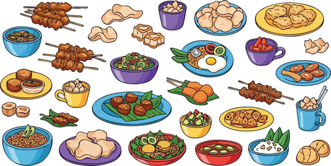 Diverse Pixel Art Food Collection With Meat Skewers Rice And Vegetables
